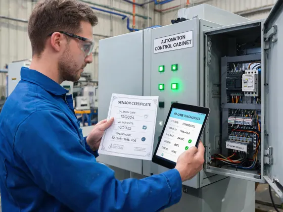 Technician reviewing sensor records near an automation panel